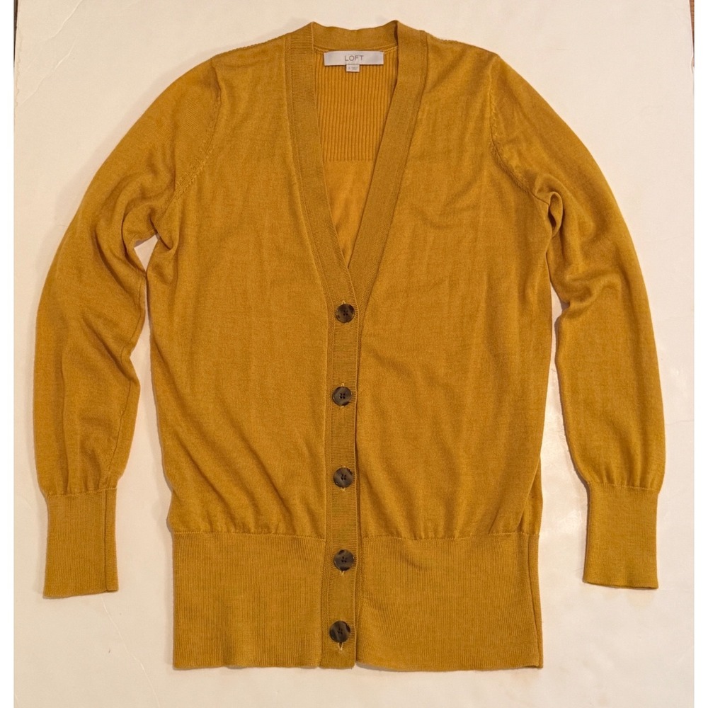 LOFT Ann Taylor Mustard Yellow Wool Blend V-Neck Button Front Cardigan Sweater S